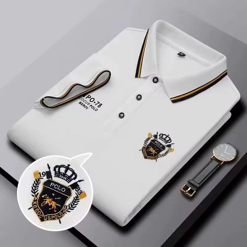 White embroidered short-sleeved polo shirt, breathable, casual and professional style by AURORE LUXURE. Versatile for summer events.
