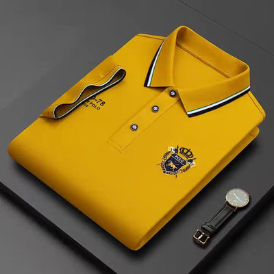 Yellow embroidered short-sleeved polo shirt, breathable, casual and professional style by AURORE LUXURE. Great for warm weather.