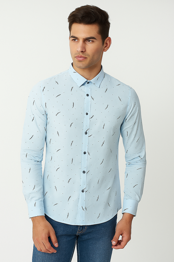 Men's Breathable Spring Casual Shirt by AURORE LUXURE, featuring a light blue color with a stylish pattern, perfect for a casual spring look.