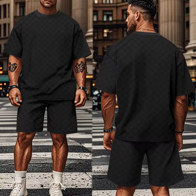 Men's Casual Short Sleeve & Shorts Set - Tenue d'été élégante avec col rond et motif checkered.