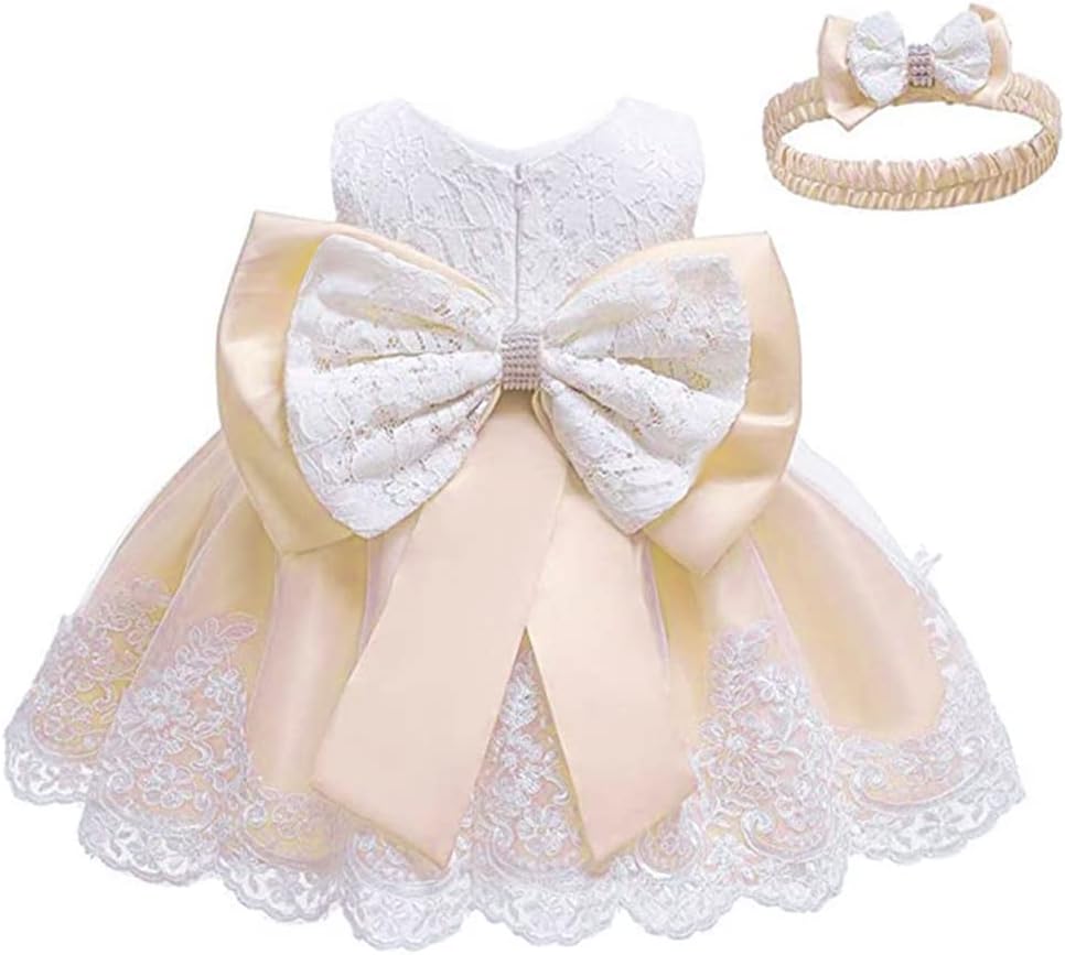Toddler Girls Pageant Lace Dresses Baby Birthday Party by AURORE LUXURE - Stunning ivory lace dress with a beautiful bow, perfect for any festive event.