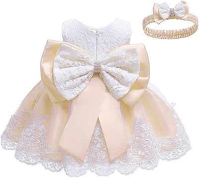 Toddler Girls Pageant Lace Dresses Baby Birthday Party by AURORE LUXURE - Stunning ivory lace dress with a beautiful bow, perfect for any festive event.