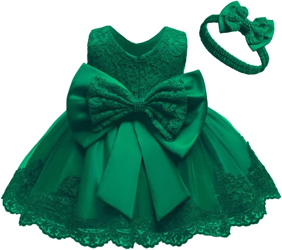Toddler Girls Pageant Lace Dresses Baby Birthday Party by AURORE LUXURE - A green lace dress adorned with a large bow, perfect for little girls at parties.