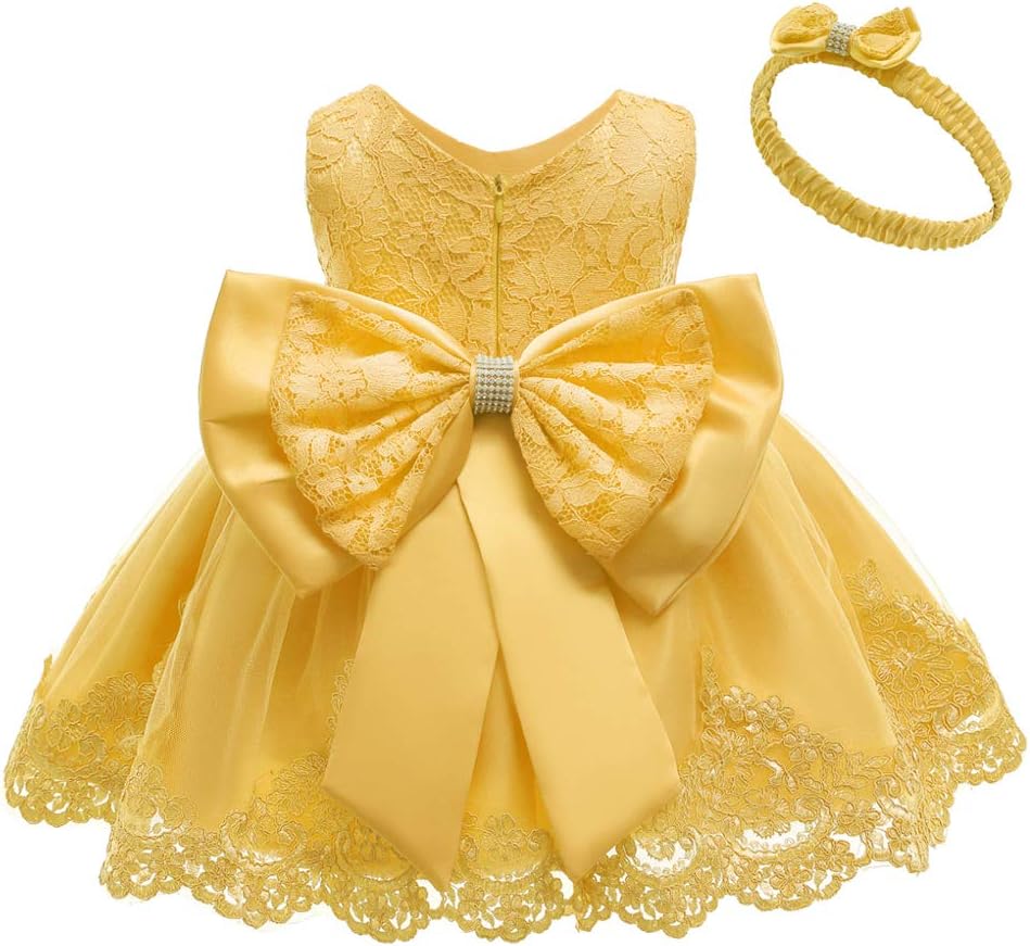 Toddler Girls Pageant Lace Dresses Baby Birthday Party by AURORE LUXURE - Charming yellow lace dress featuring a large bow, perfect for little girls' parties.