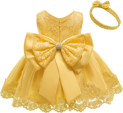 Toddler Girls Pageant Lace Dresses Baby Birthday Party by AURORE LUXURE - Charming yellow lace dress featuring a large bow, perfect for little girls' parties.