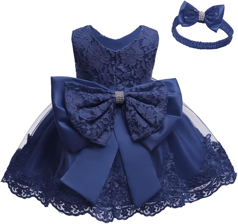Toddler Girls Pageant Lace Dresses Baby Birthday Party by AURORE LUXURE - A sophisticated navy blue lace dress with a big bow for special occasions.