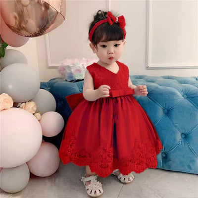 Toddler Girls Pageant Lace Dresses Baby Birthday Party by AURORE LUXURE - A little girl in a red lace dress with a bow, perfect for celebrations.