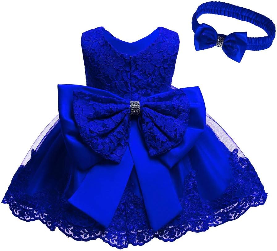 Toddler Girls Pageant Lace Dresses Baby Birthday Party by AURORE LUXURE - A bright blue lace dress with a big bow, designed for toddler girls' celebrations.