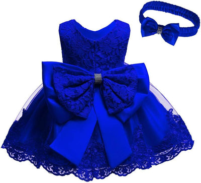 Toddler Girls Pageant Lace Dresses Baby Birthday Party by AURORE LUXURE - A bright blue lace dress with a big bow, designed for toddler girls' celebrations.