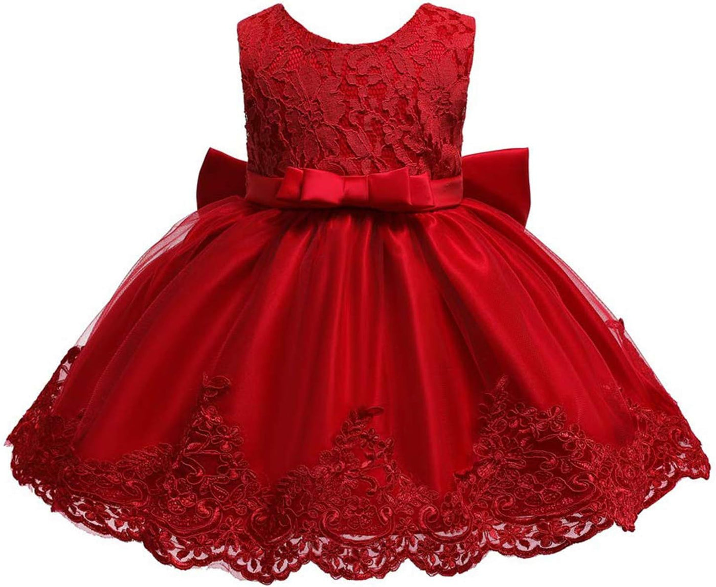 Toddler Girls Pageant Lace Dresses Baby Birthday Party by AURORE LUXURE - Beautiful red lace dress featuring elegant embroidery, suitable for special events.
