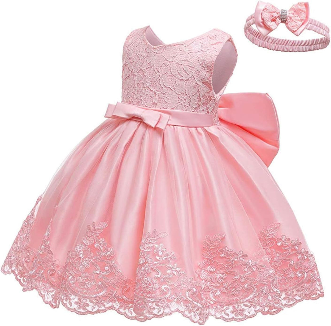 Toddler Girls Pageant Lace Dresses Baby Birthday Party by AURORE LUXURE - Adorable pink lace dress with elegant details, designed for celebrations.