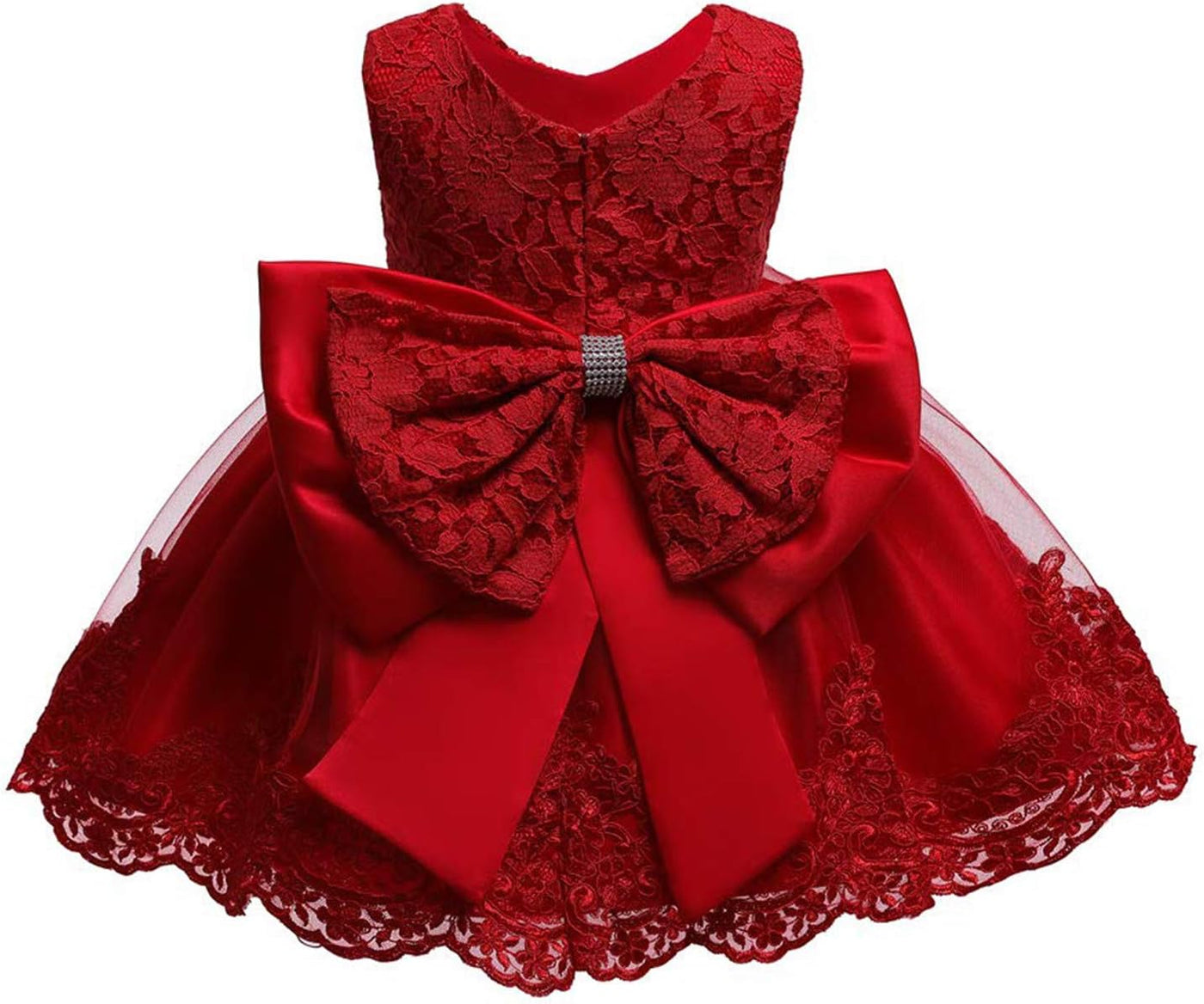 Toddler Girls Pageant Lace Dresses Baby Birthday Party by AURORE LUXURE - A close-up of a stunning red lace dress with a large bow, ideal for any festive occasion.