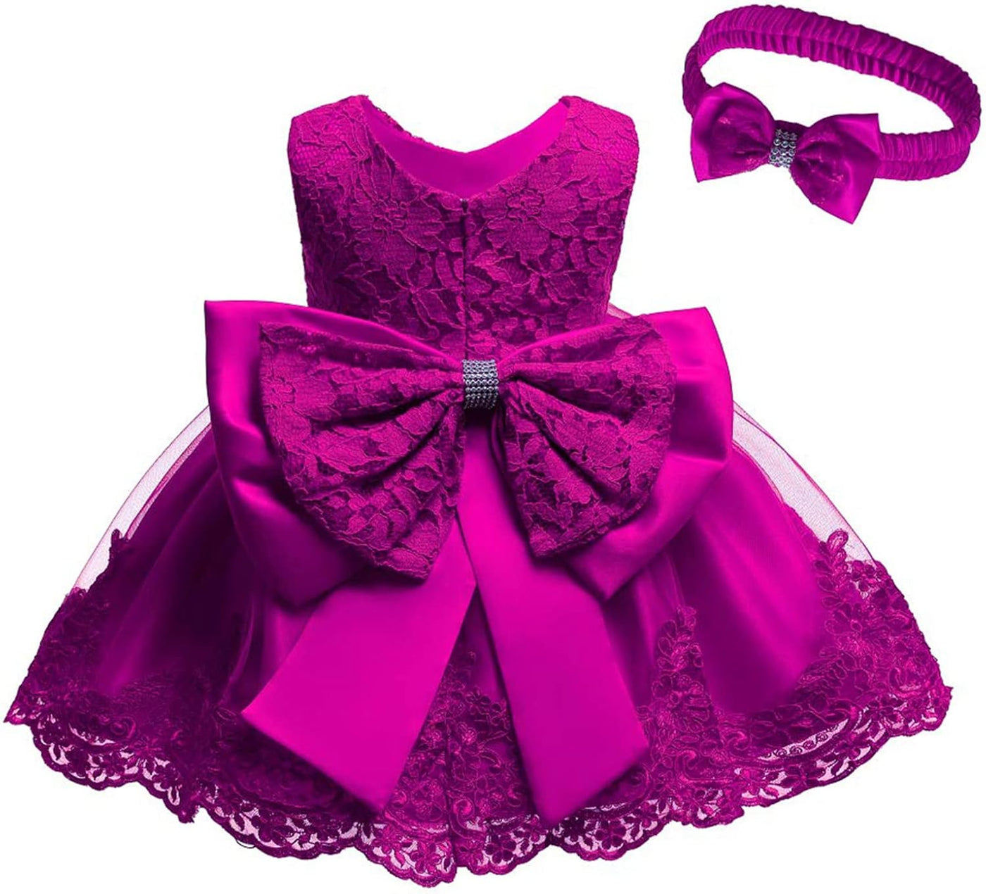 Toddler Girls Pageant Lace Dresses Baby Birthday Party by AURORE LUXURE - A vibrant magenta lace dress with elegant features, made for little girls' celebrations.