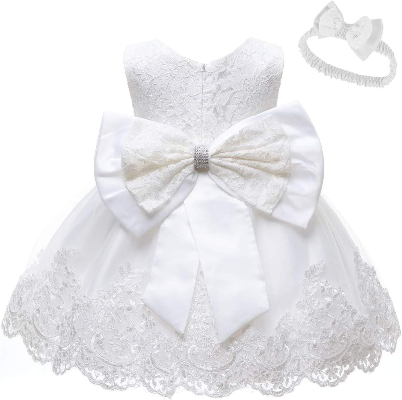 Toddler Girls Pageant Lace Dresses Baby Birthday Party by AURORE LUXURE - Elegant white lace dress with a beautiful bow, ideal for birthday festivities.