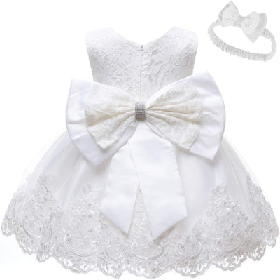 Toddler Girls Pageant Lace Dresses Baby Birthday Party by AURORE LUXURE - Elegant white lace dress with a beautiful bow, ideal for birthday festivities.