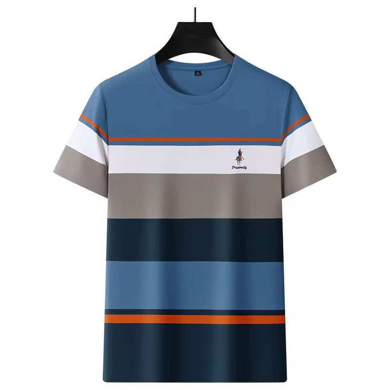 T-shirt rayé pour homme de Ratley, couleur bleu, avec manches courtes en tissu léger, parfait pour les activités décontractées et de fitness. Polo Shirt men’s Sleeves for Casual Wear & Fitness.