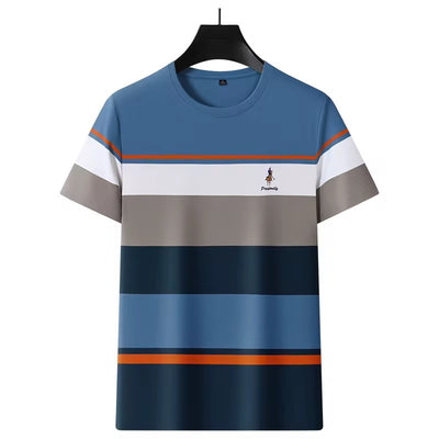T-shirt rayé pour homme de Ratley, couleur bleu, avec manches courtes en tissu léger, parfait pour les activités décontractées et de fitness. Polo Shirt men’s Sleeves for Casual Wear & Fitness.