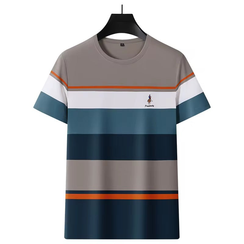 T-shirt rayé pour homme de Ratley, couleur gris, confectionné en tissu à séchage rapide, manches courtes, idéal pour un style décontracté et fitness. Polo Shirt men’s Sleeves for Casual Wear & Fitness.