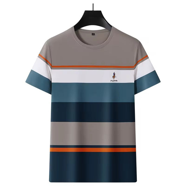 T-shirt rayé pour homme de Ratley, couleur gris, confectionné en tissu à séchage rapide, manches courtes, idéal pour un style décontracté et fitness. Polo Shirt men’s Sleeves for Casual Wear & Fitness.