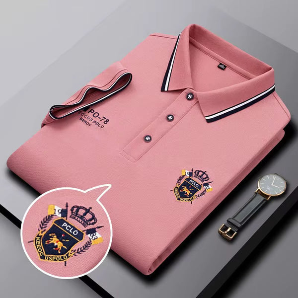 Pink embroidered short-sleeved polo shirt, breathable, casual and professional style by AURORE LUXURE. Ideal for summer outings.