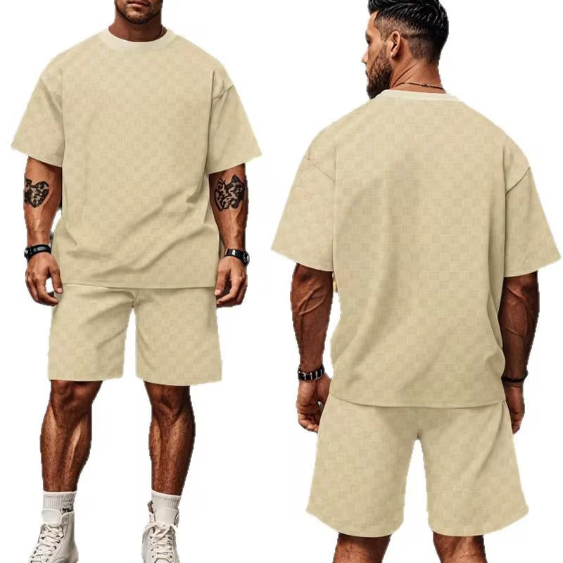 2-Pack Men's Casual Short Sleeve & Shorts Set - Ensemble léger et respirant à motif checkered pour l'été.