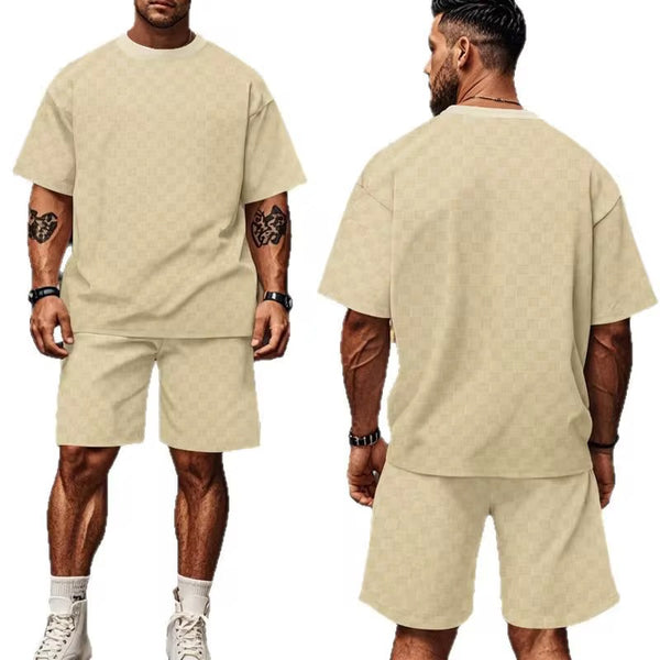 2-Pack Men's Casual Short Sleeve & Shorts Set - Ensemble léger et respirant à motif checkered pour l'été.