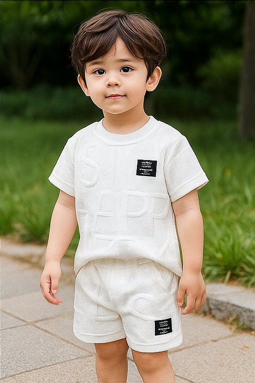 Un jeune garçon portant un ensemble d'été stylé de la marque AURORE LUXURE, avec un haut à manches courtes et un short, parfait pour les enfants de 4 à 7 ans. Ensemble vestimentaire d'été pour jeunes garçons.