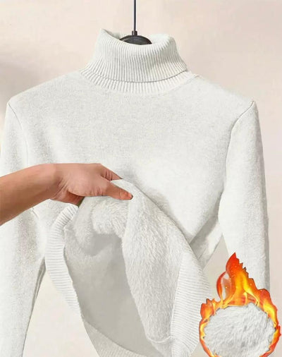 AURORE LUXURE Women's Long Sleeve Turtle Neck Fleece Lined Slim Fit Sweater Pullover Tops in white, featuring cozy fleece lining displayed by hand.