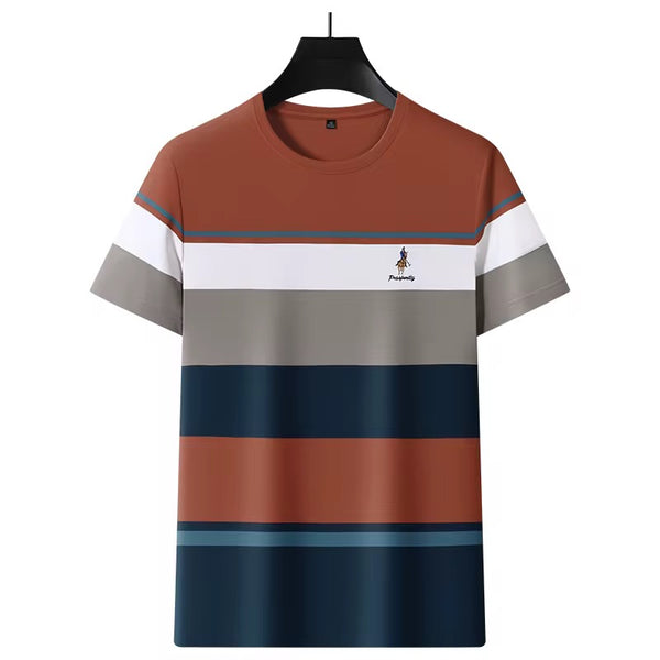 T-shirt rayé pour homme de Ratley, couleur brun, conçu avec une impression 3D, manches courtes, parfait pour des occasions décontractées et sportives. Polo Shirt men’s Sleeves for Casual Wear & Fitness.