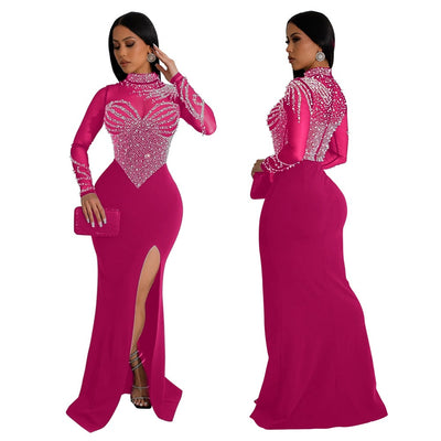 WOKANSE Women's Formal Dresses Mock Neck Sexy Mesh See Through Long Sleeve High Slit Sparkly Rhinestone Prom Dress showcasing elegance and glamour