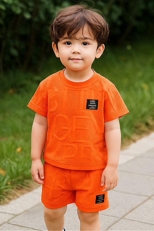 Un petit garçon souriant dans un ensemble d'été orange de la marque AURORE LUXURE. Haut à lettre imprimée et short pour enfants de 4 à 7 ans. Ensemble de vêtements d'été pour jeunes garçons.