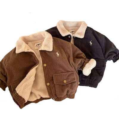 Veste pour bébé garçon en corduroy, AURORE LUXURE, avec doublure chaude en sherpa, parfaite pour les sorties d'hiver.