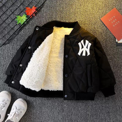 Boys' thickened winter baseball jacket by AURORE LUXURE, featuring a cozy interior and a stylish black exterior, perfect for cold weather.