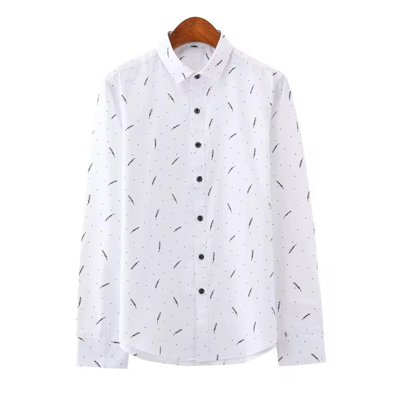 Men's Breathable Spring Casual Shirt by AURORE LUXURE in white with a trendy print, ideal for staying stylish during the spring season.