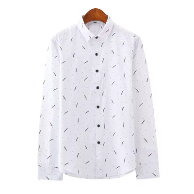 Men's Breathable Spring Casual Shirt by AURORE LUXURE in white with a trendy print, ideal for staying stylish during the spring season.