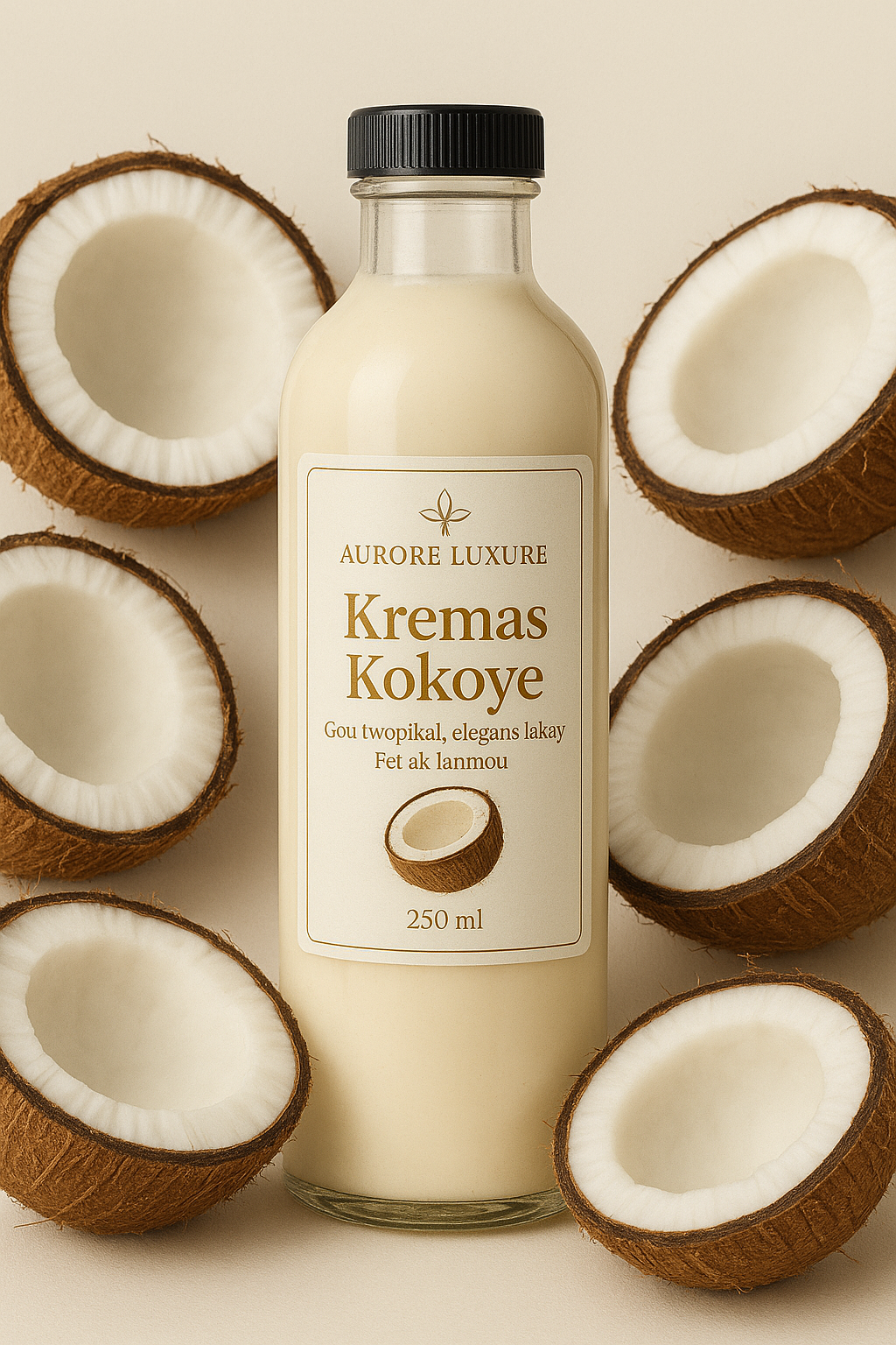 Kremas Kokoye – Aurore Luxure / Crème de coco haïtienne – Goût tropical, élégance et amour”