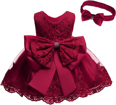Toddler Girls Pageant Lace Dresses Baby Birthday Party by AURORE LUXURE - A vibrant red lace dress featuring a large, stylish bow for special occasions.