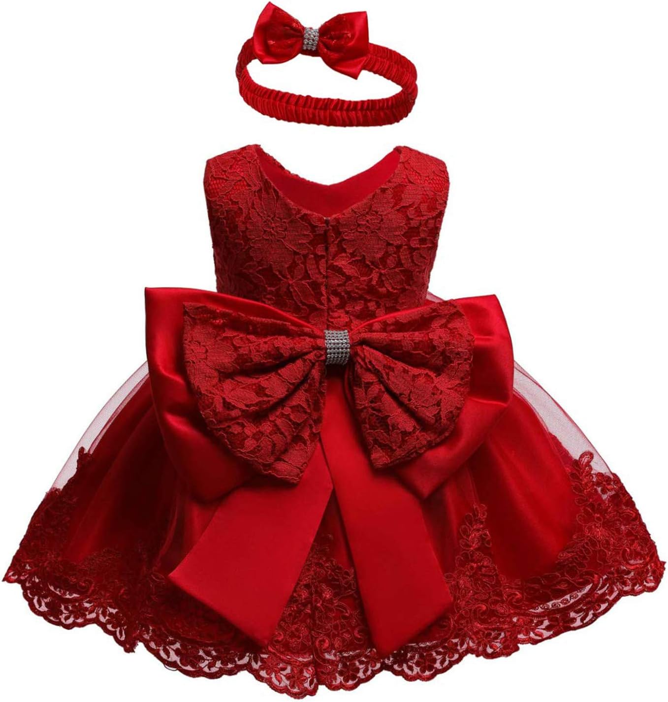 Red lace Toddler Girls Pageant Lace Dress from AURORE LUXURE, perfect for Baby Birthday celebrations, featuring a large bow and a matching headband.
