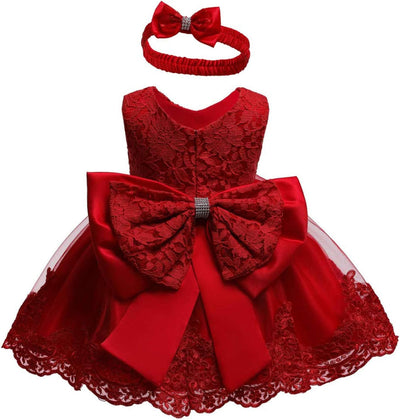 Red lace Toddler Girls Pageant Lace Dress from AURORE LUXURE, perfect for Baby Birthday celebrations, featuring a large bow and a matching headband.